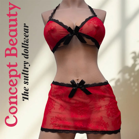 Ensemble Rouge en Dentelle Noire – Passion Intense et Séduction Sublime
